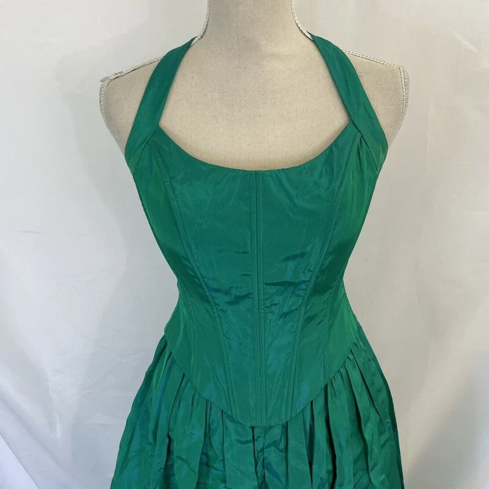 VTG jessica mcclintock Metallic Green gunne sax dress Corset Midi dress Sz 3/4 - Picture 3 of 8